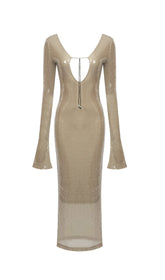 PAILLETTENKLEID MIT LANGEN ÄRMELN UND RÜCKENFREIEM KHAKI